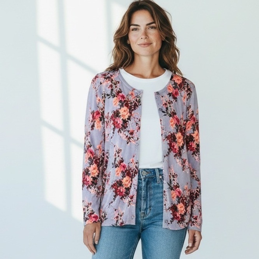 GARNET HILL New Garden Floral Cardigan L Purple Merino Wool Romantic Cottage